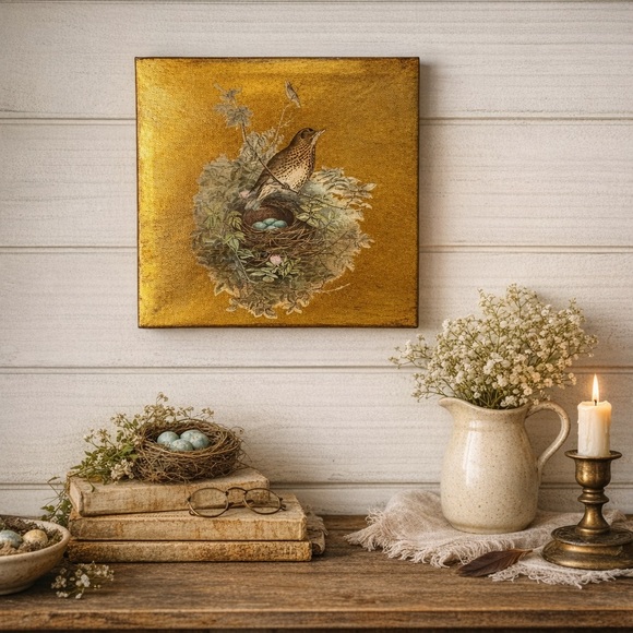 Vintage-Inspired Spotted Songbird Wall Art with Nest - Picture 3 of 10
